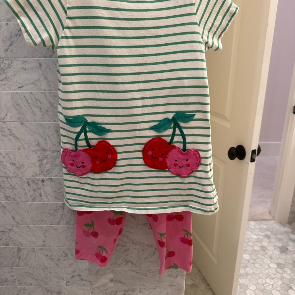 Mini Boden Green Striped cherry tunic set with capri leggings
